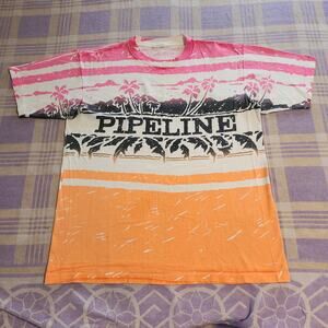 Vintage 90s Pipeline USA All Over Print T-Shirt 1990 Beach Surf Skate Single GPI